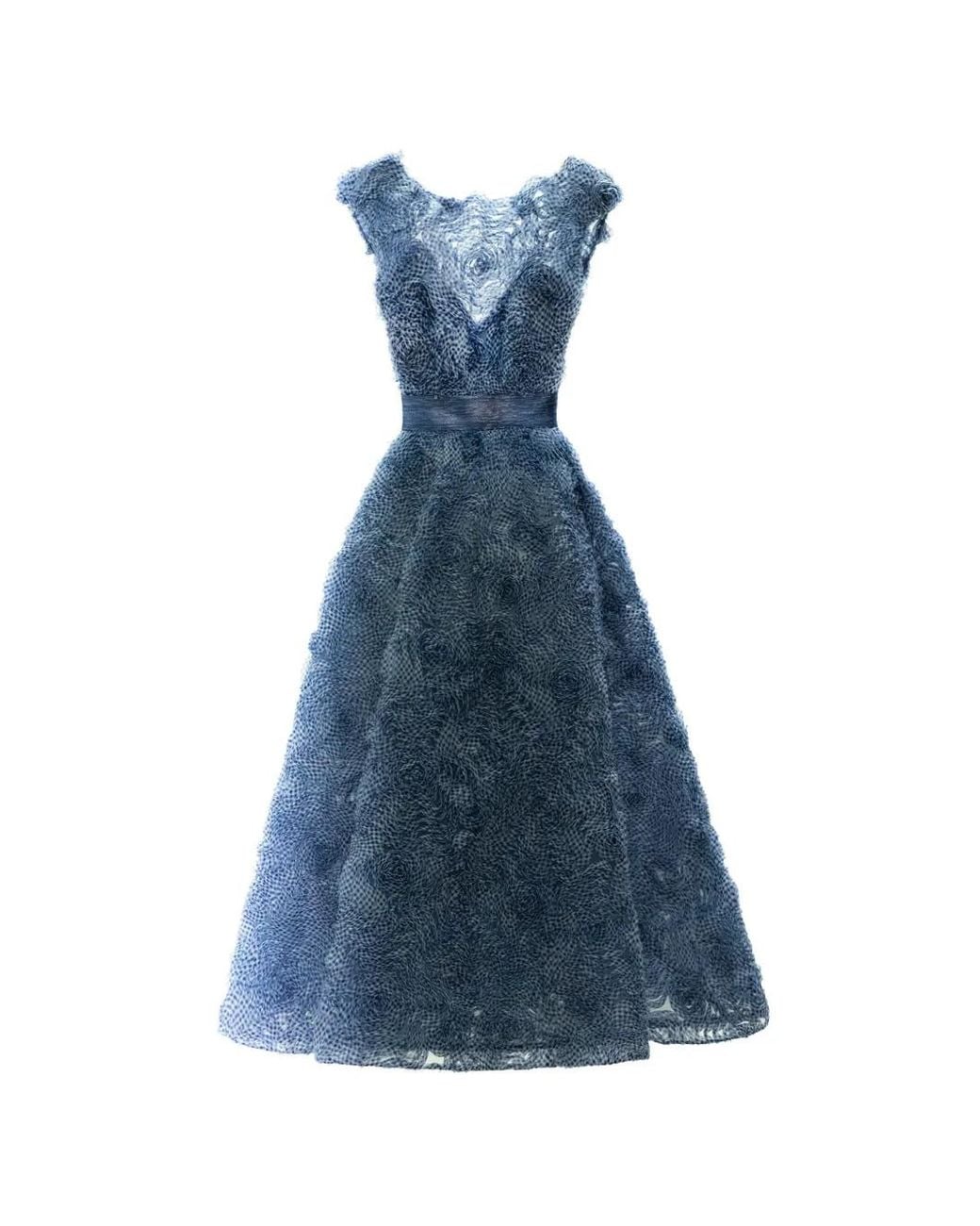 Gemy Maalouf Blue Floral-Appliqué Gingham Dress
