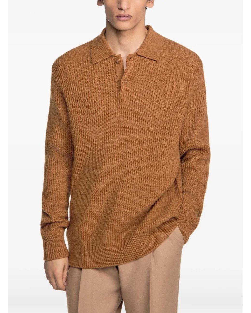 Sandro Brown Ribbed Wool Polo Shirt for men