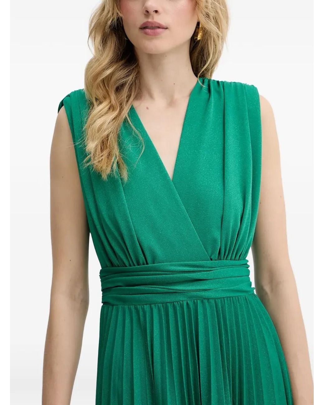 Morgan Green Pleated V-Neck Maxi Dress