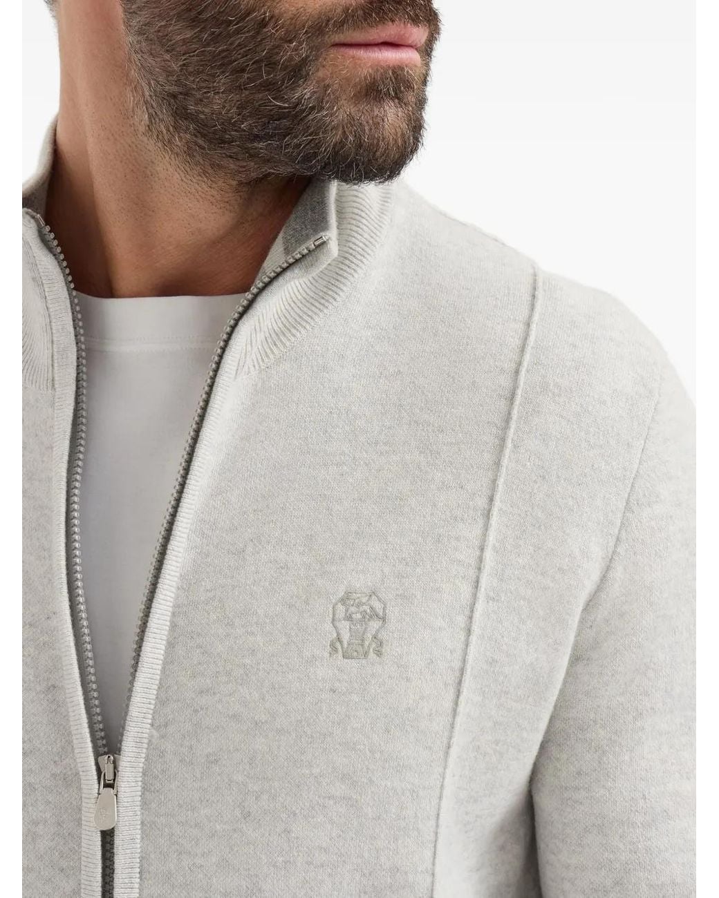 Brunello Cucinelli White Cashmere Double-Knit Cardigan With Zipper And Logo for men