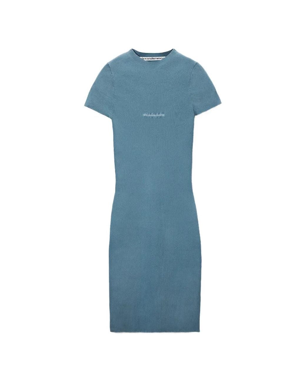 Alexander Wang Blue Ss Crew-Neck Mini Dress W/ Jacquard Logo