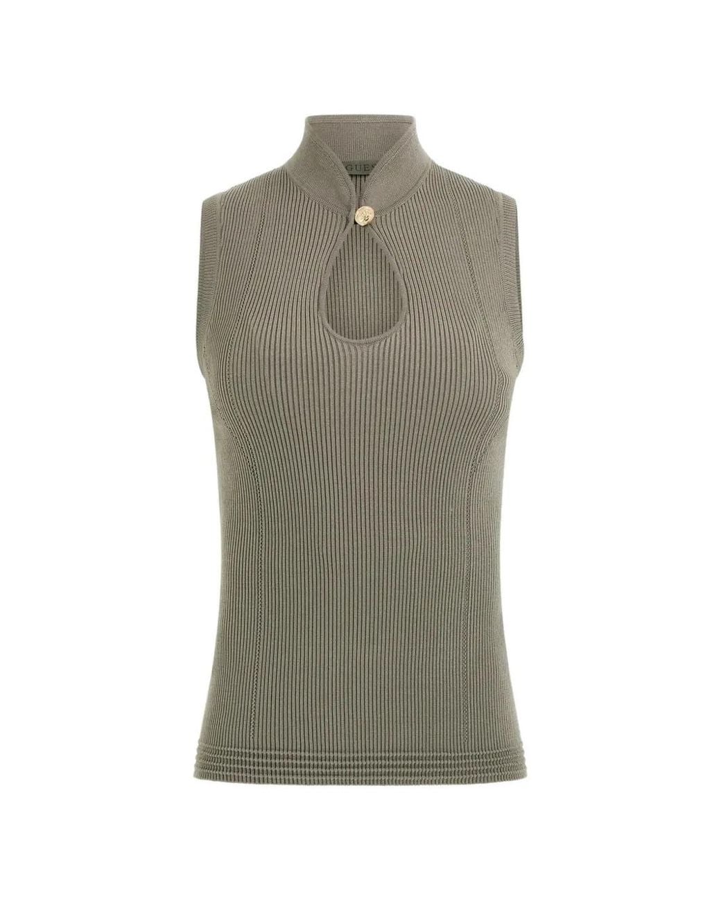 Guess Gray Ribbed-Knit Keyhole Top