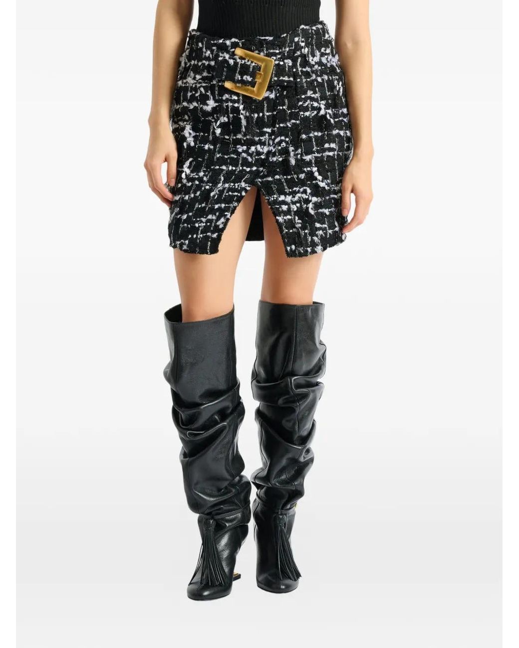 Balmain Gray Belted Fringed Tweed Skirt