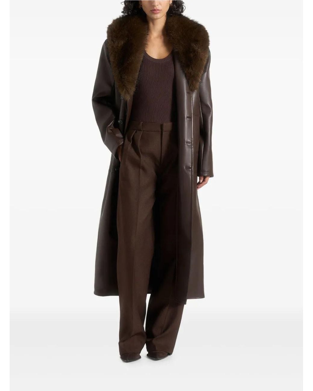 Manière De Voir Brown Cenya Faux Fur-Collar Faux-Leather Belted Coat