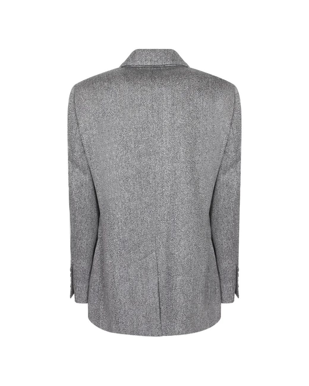Brunello Cucinelli Gray Double-Breasted Herringbone-Pattern Blazer