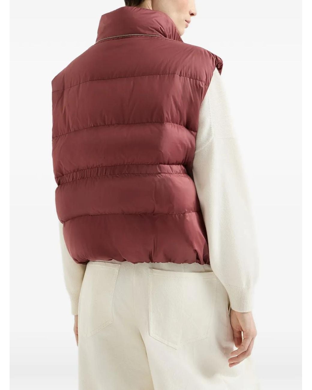 Brunello Cucinelli Red Water-Resistant Matte Nylon Down Vest With Monili