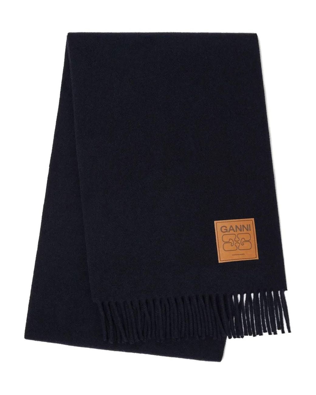 Ganni Blue Fringed Scarf With Logo Plaque