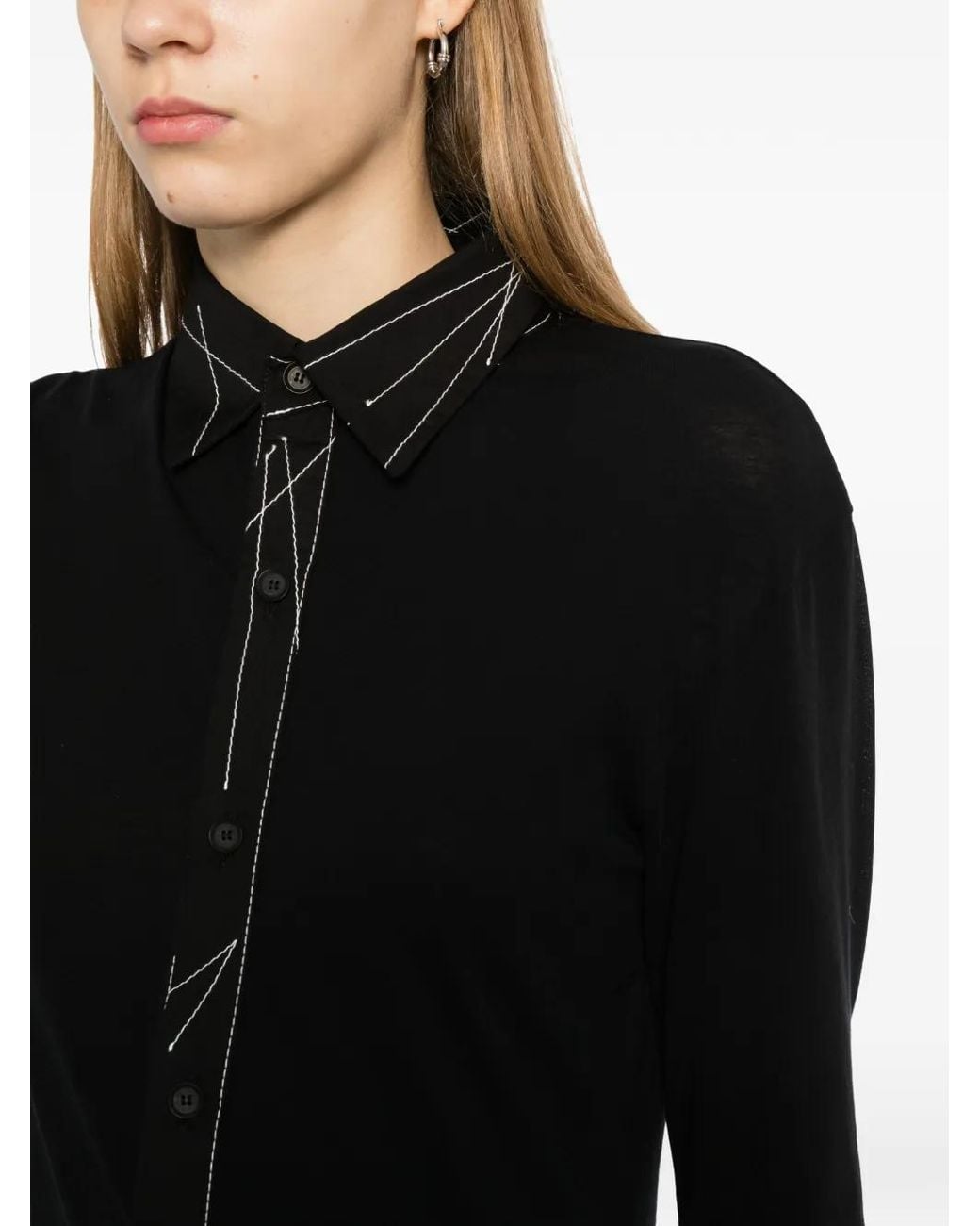 Yohji Yamamoto Black Color-Stitched Long-Sleeve Blouse