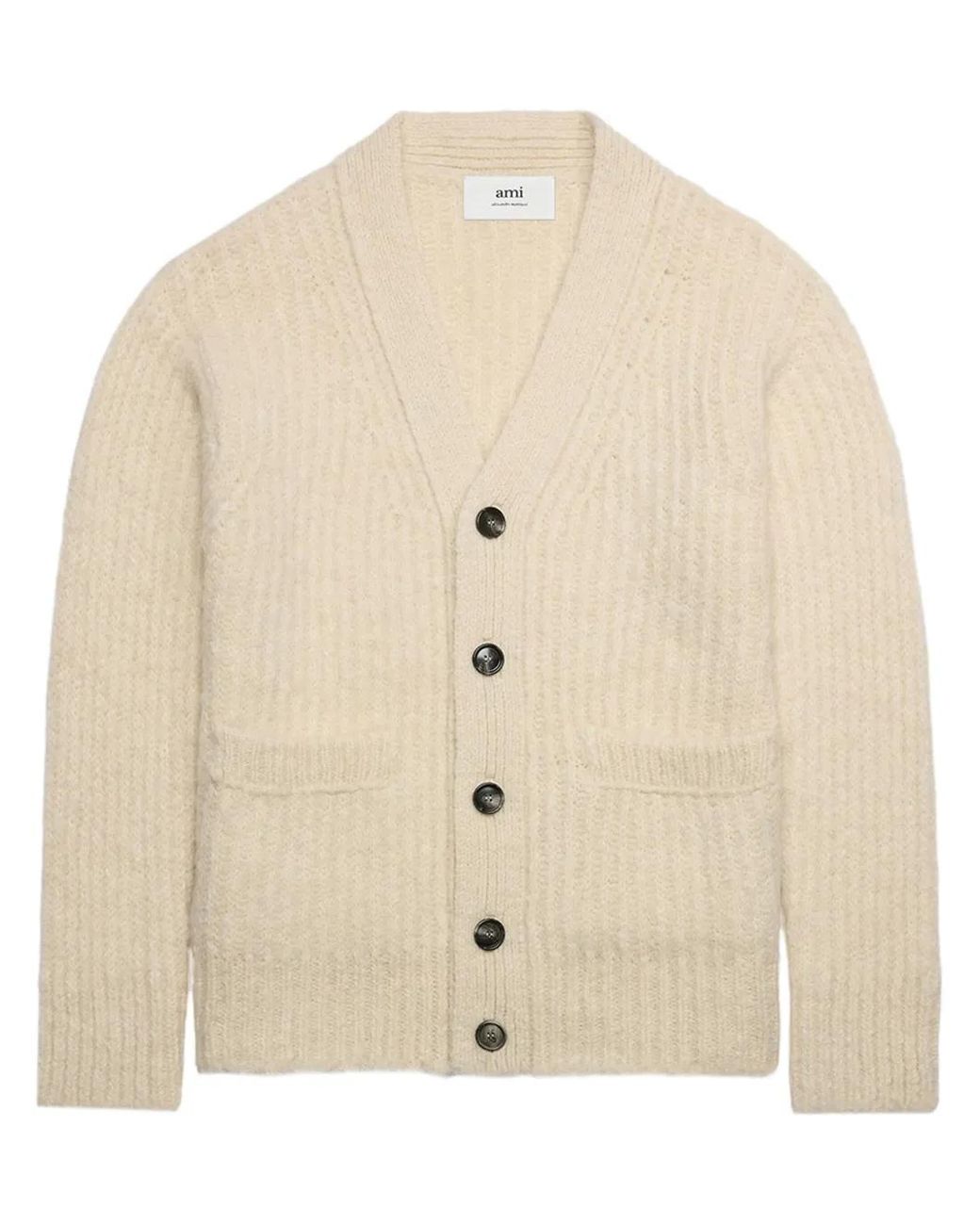 AMI Natural V-Neck Rib-Knit Cardigan