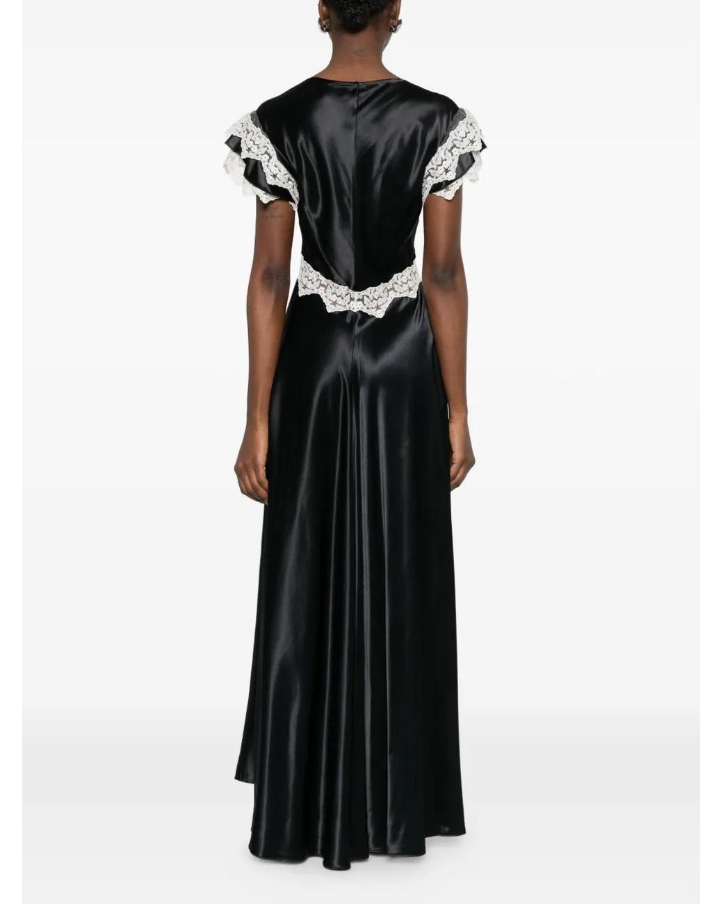 Alberta Ferretti Black Lace-Trimmed V-Neck Maxi Dress