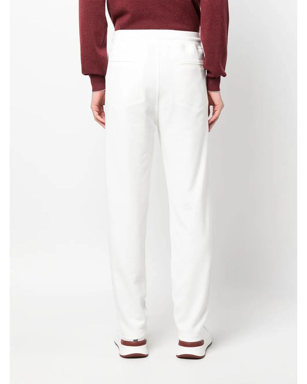 Brunello Cucinelli White Tapered Cotton Drawstring Trousers for men