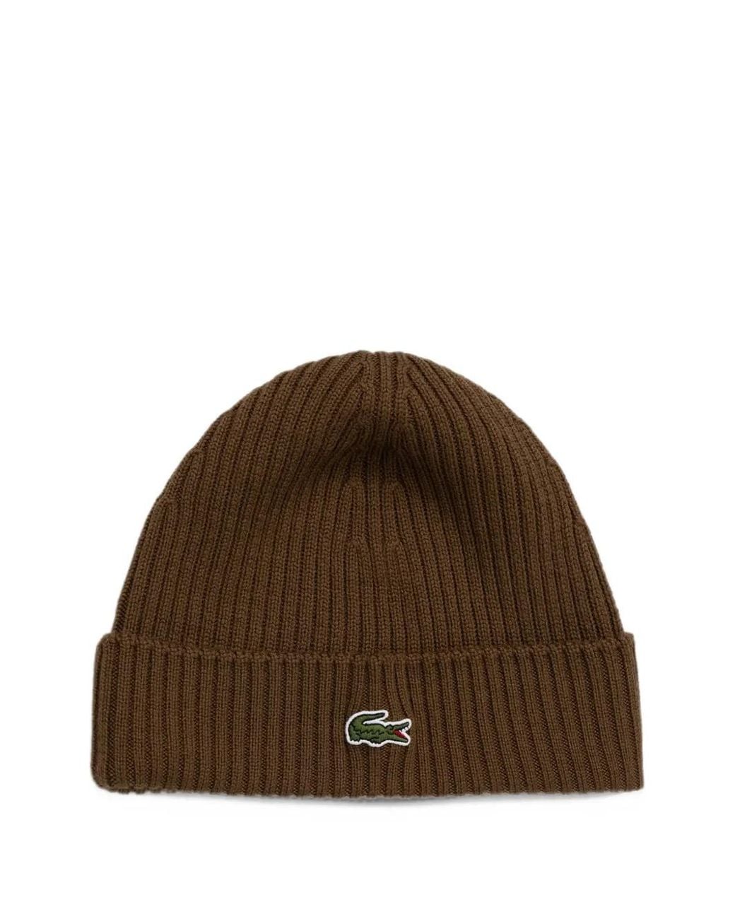 Lacoste Brown Bonnet En Maille De Laine Côtelée Et Brossée
