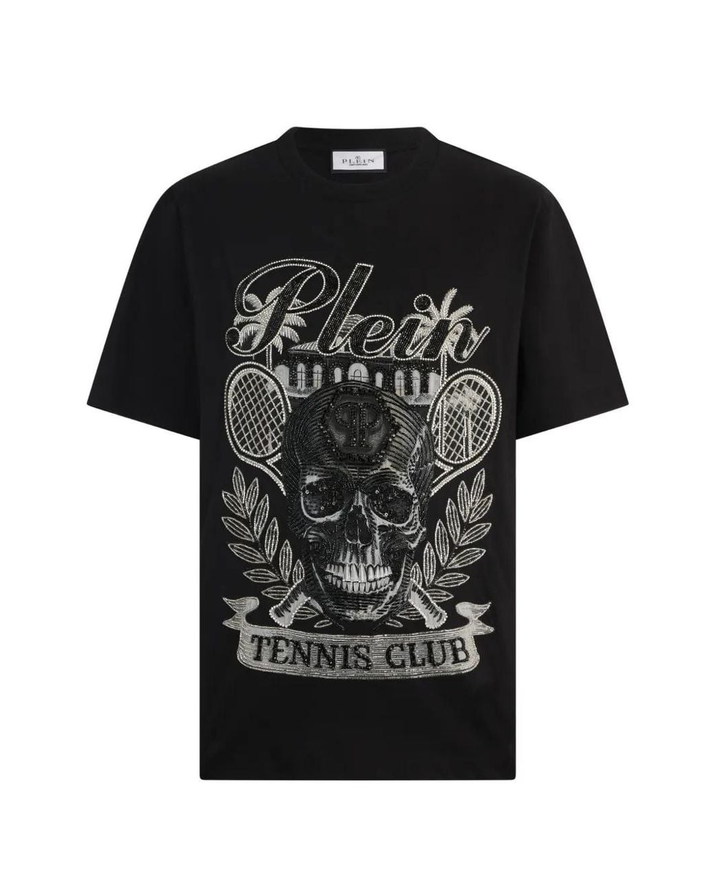 Philipp Plein Black Round Neck T-Shirt Skull Tennis for men