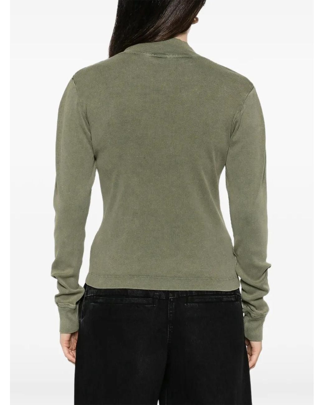 Bobi Green Ribbed-Knit High-Neck Cardigan