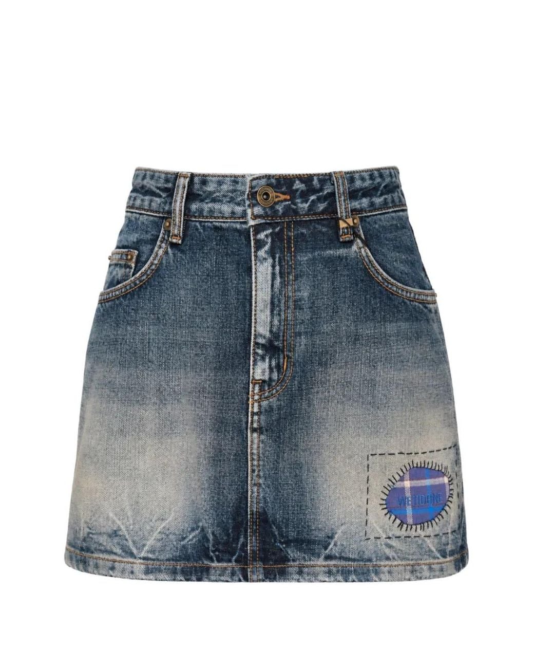 we11done Blue Check-Patchwork Mini Skirt