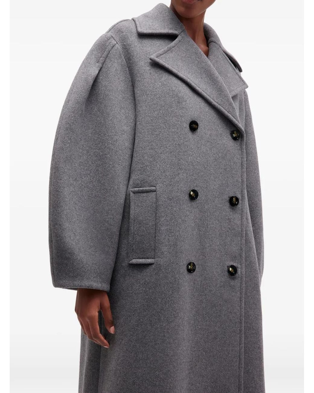 Ganni Gray Balloon-Sleeves Double-Breasted Coat