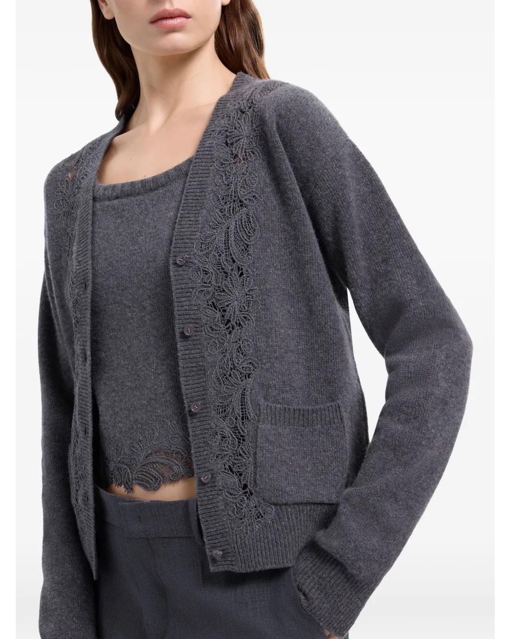 Elie Saab Gray Lace-Trim Knit Cardigan And Top Set