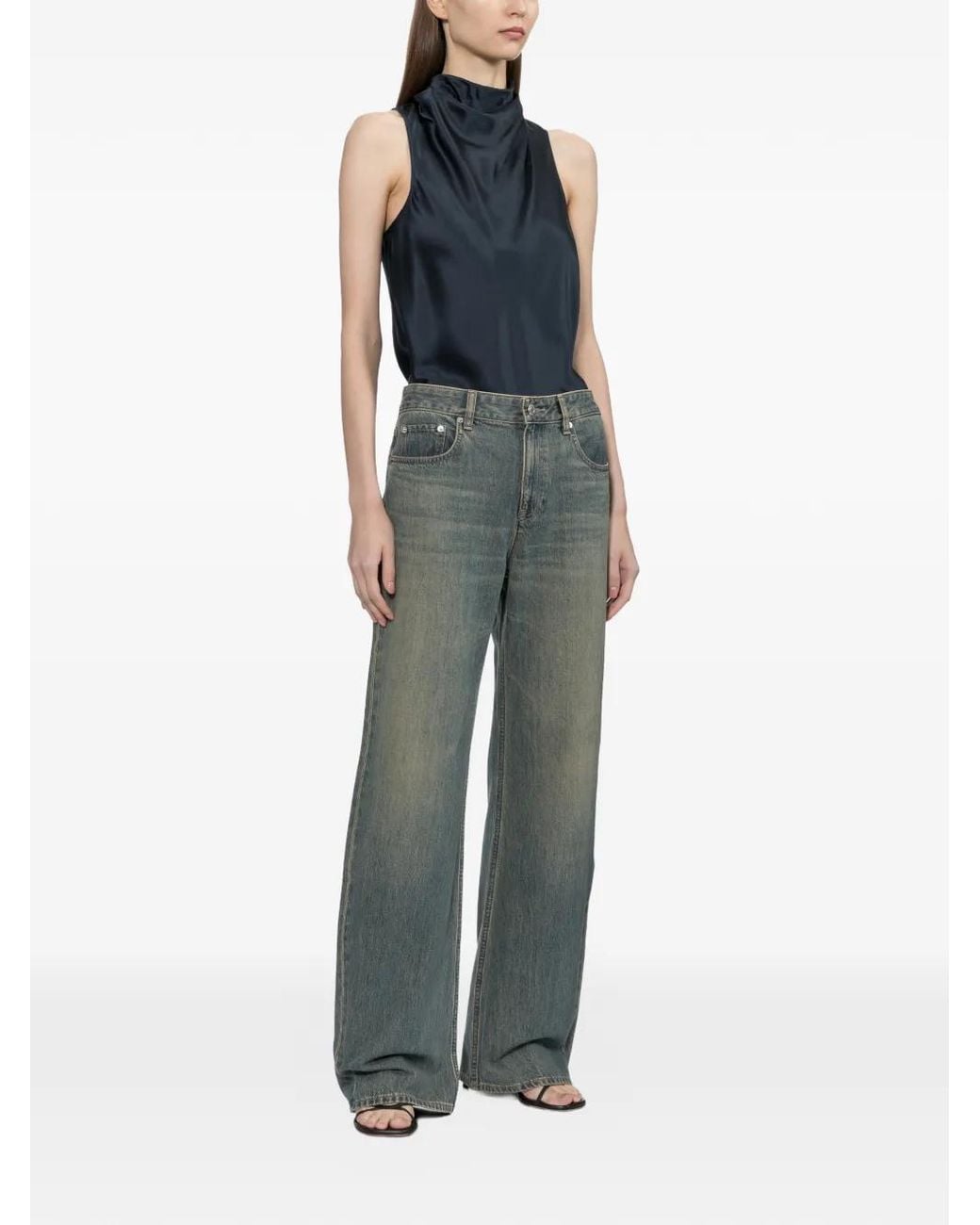Helmut Lang Blue Ruffled Silk Top