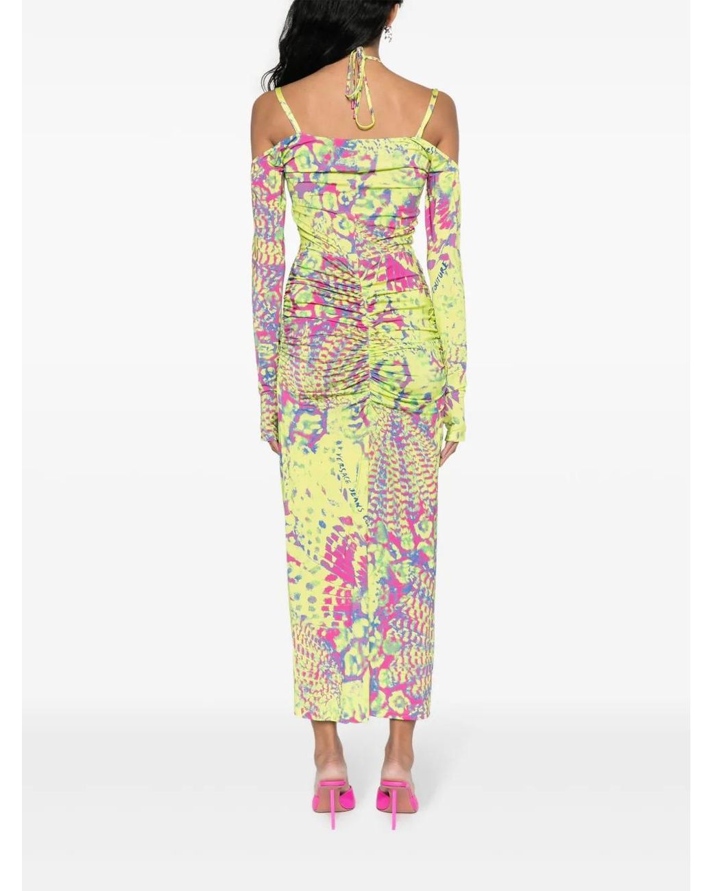 Versace Jeans Couture White Abstract-Print Off-Shoulder Midi Dress