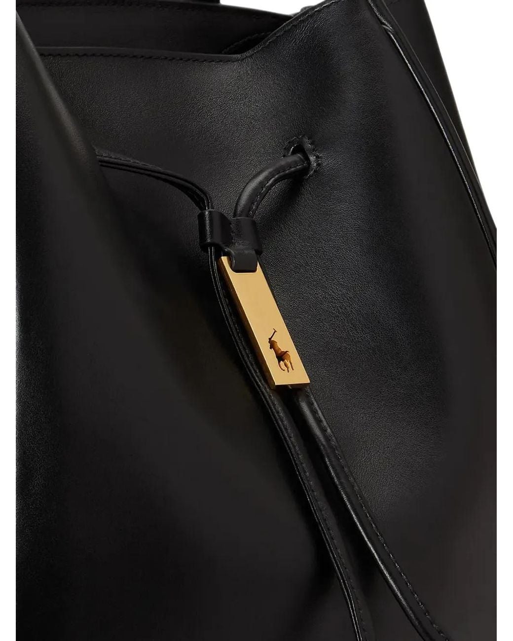 Polo Ralph Lauren Black Polo Id Leather Drawstring Backpack