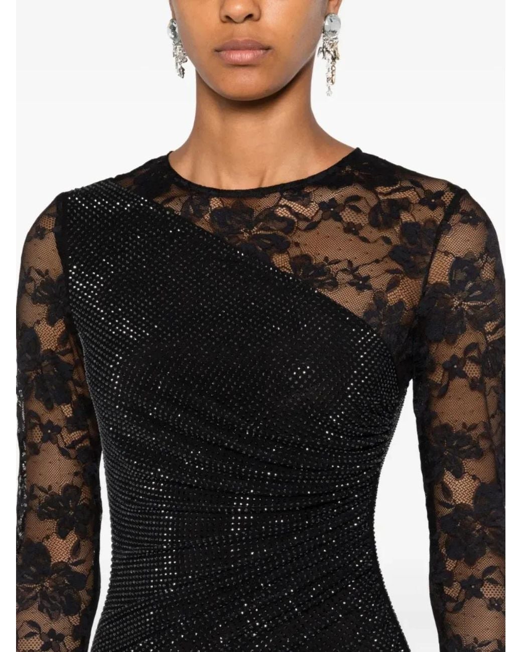 Self-Portrait Black Rhinestone Lace Sleeves Maxi Dress