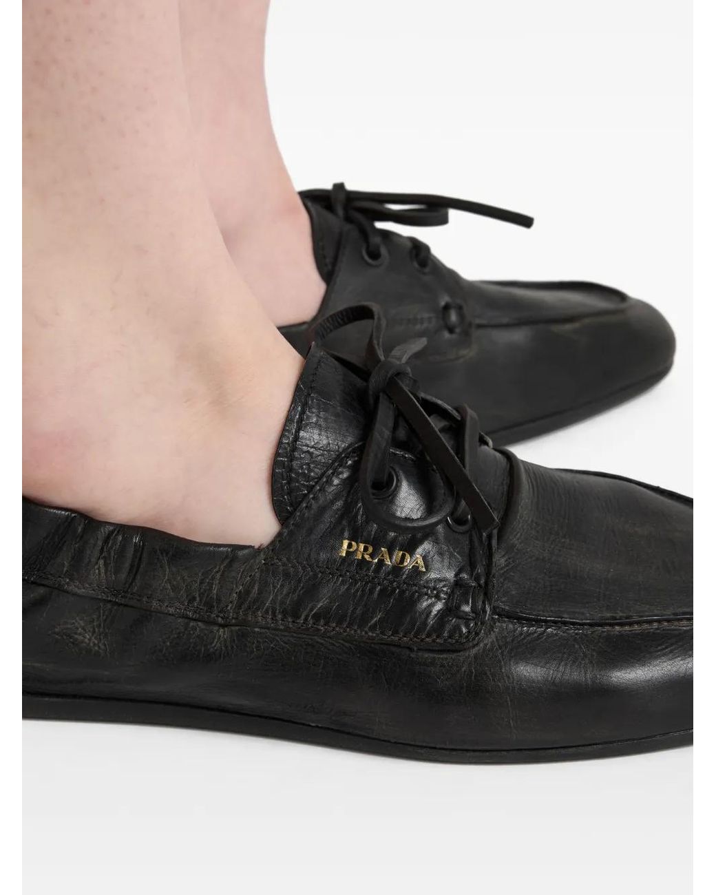 Prada White Shuffle Antiqued Leather Boat Shoes