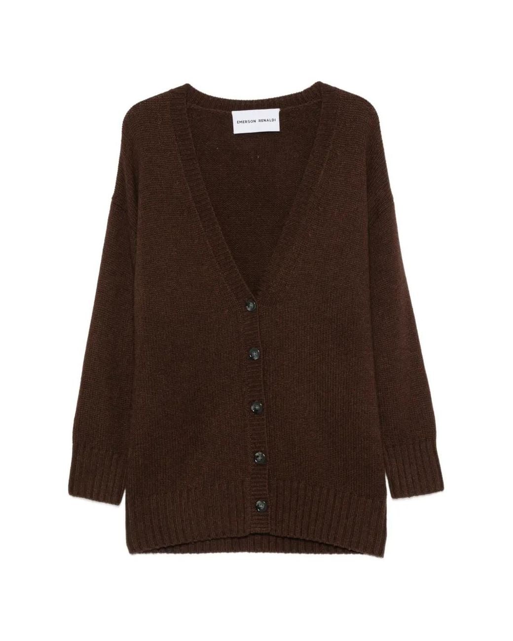 EMERSON RENALDI Brown Ribbed-Knit V-Neck Cardigan