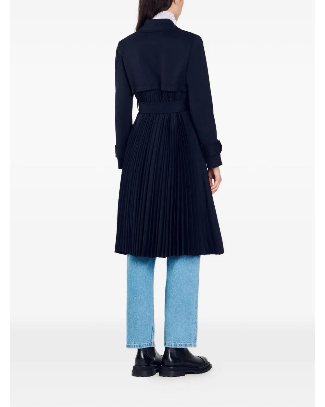 Sandro Blue Trench Coat With Pleated Inset