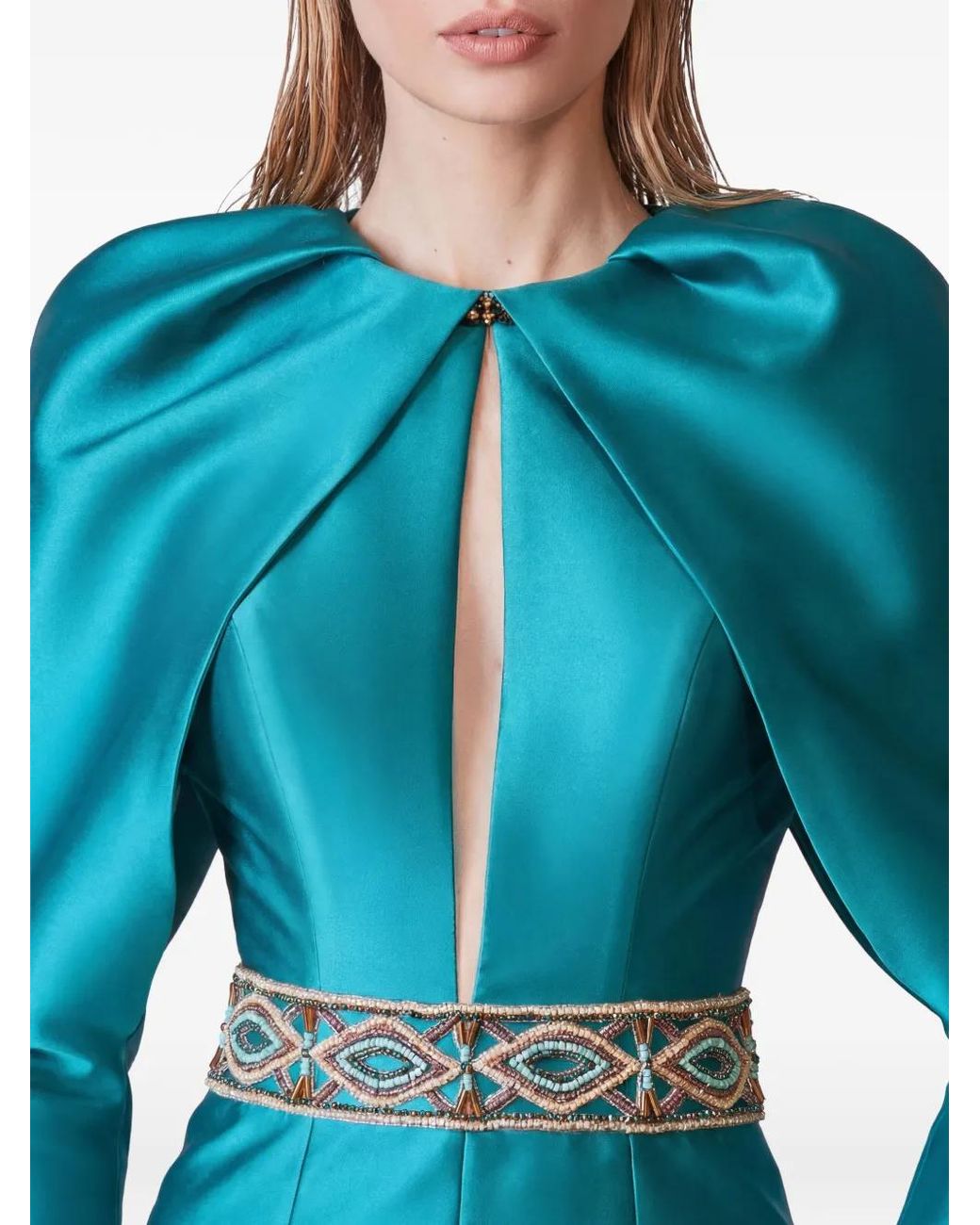 Gatti Nolli by Marwan Blue Beaded-Waist Open-Back Gown