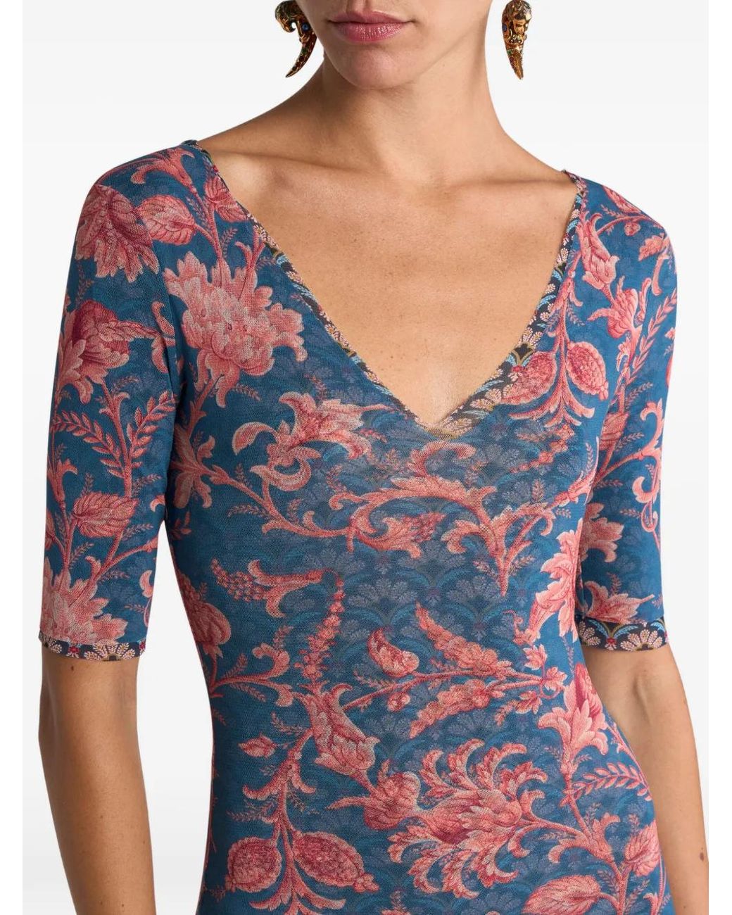 Etro Blue V-Neck Floral Motifed Midi Dress