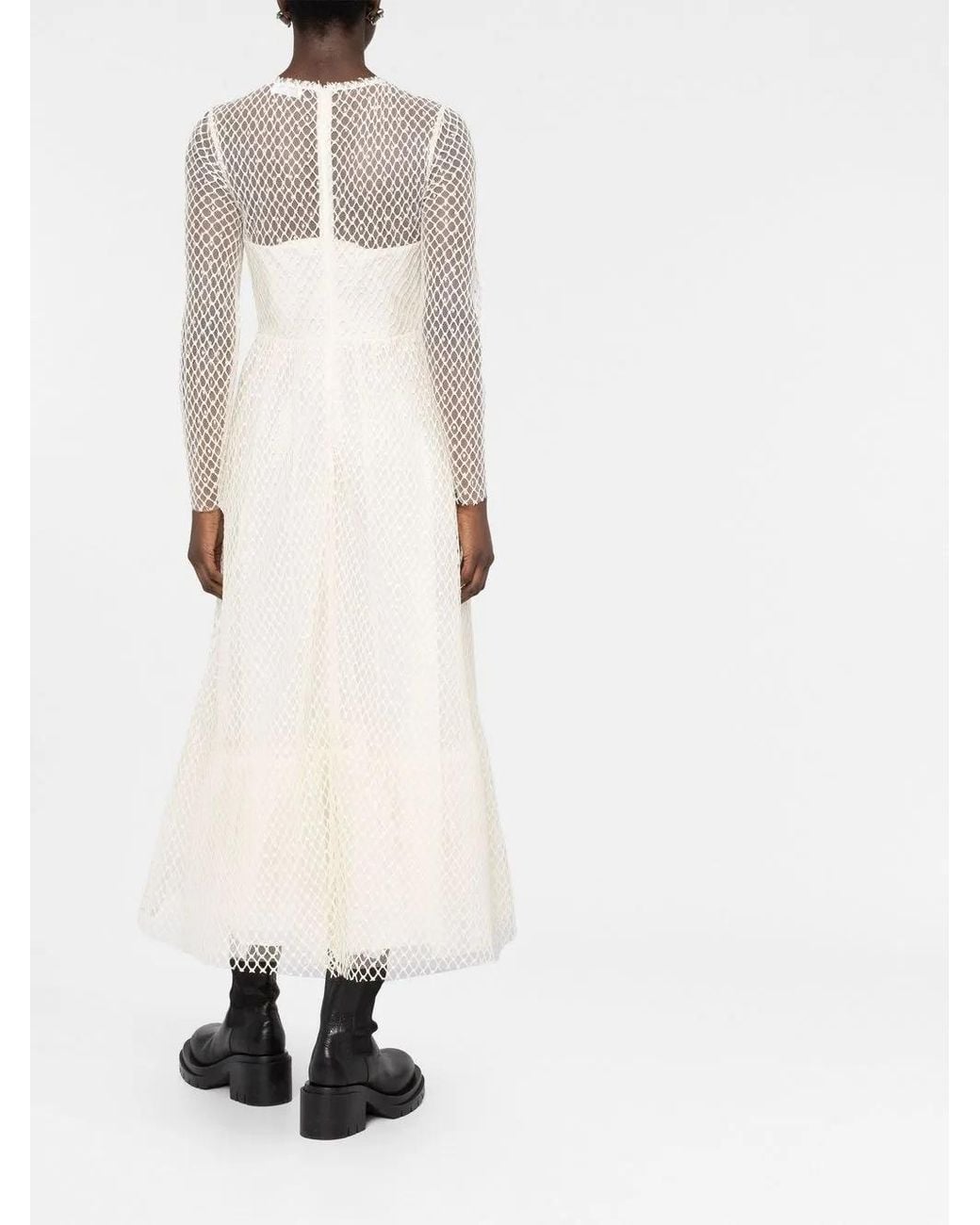 RED Valentino White Mesh Long-Sleeve Midi Dress
