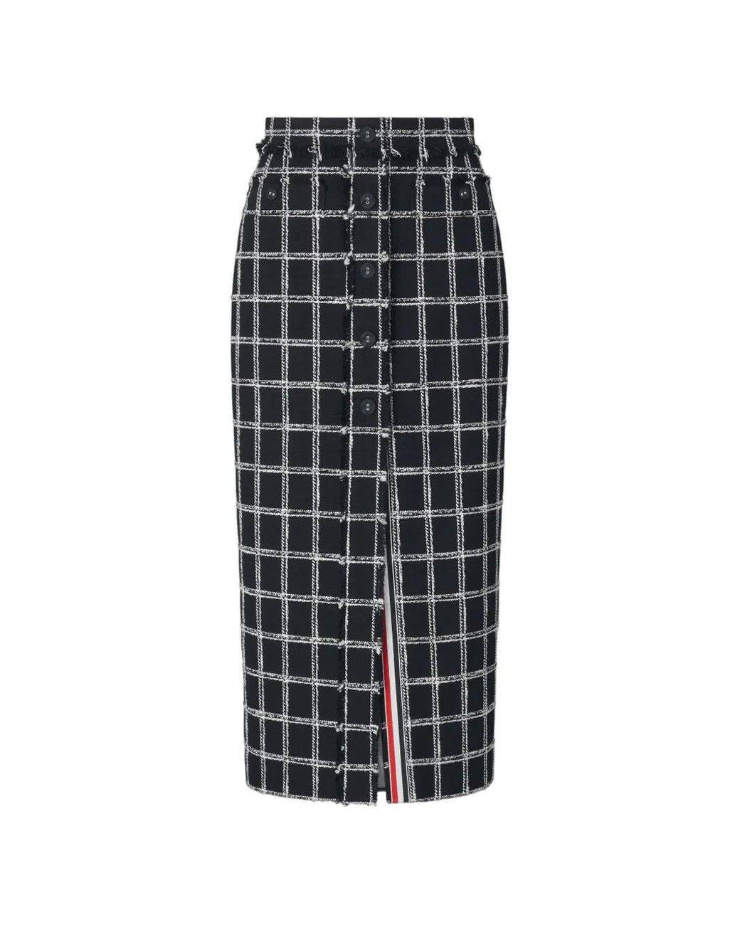 Thom Browne Black Windowpane Houndstooth Tweed Skirt With Frayed-Edge