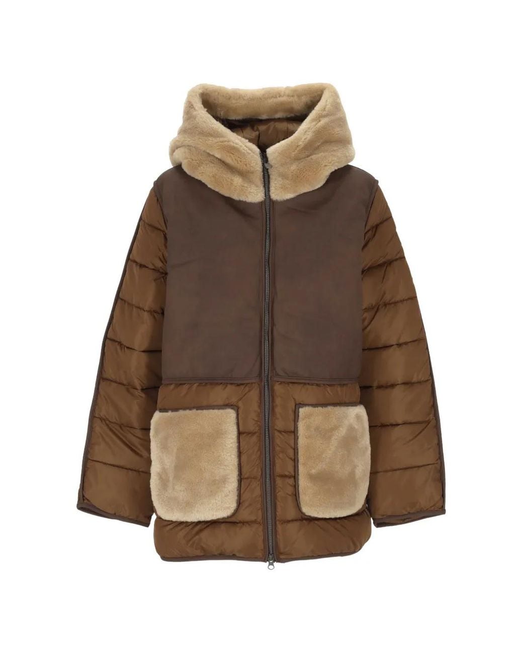Save The Duck Brown Faux-Fur-Trim Quilted Padded Jacket