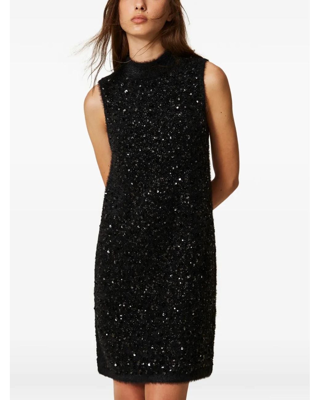 Twinset Black Short Turtleneck Knit Dress With Embroidery