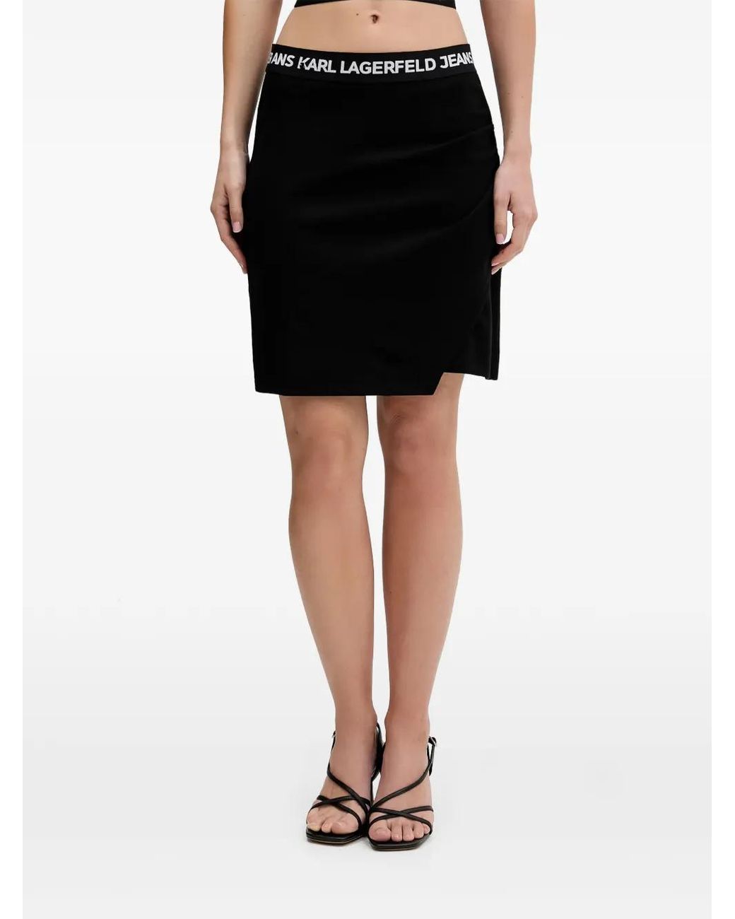 Karl Lagerfeld Black Logo-Waistband Draped Mini Skirt