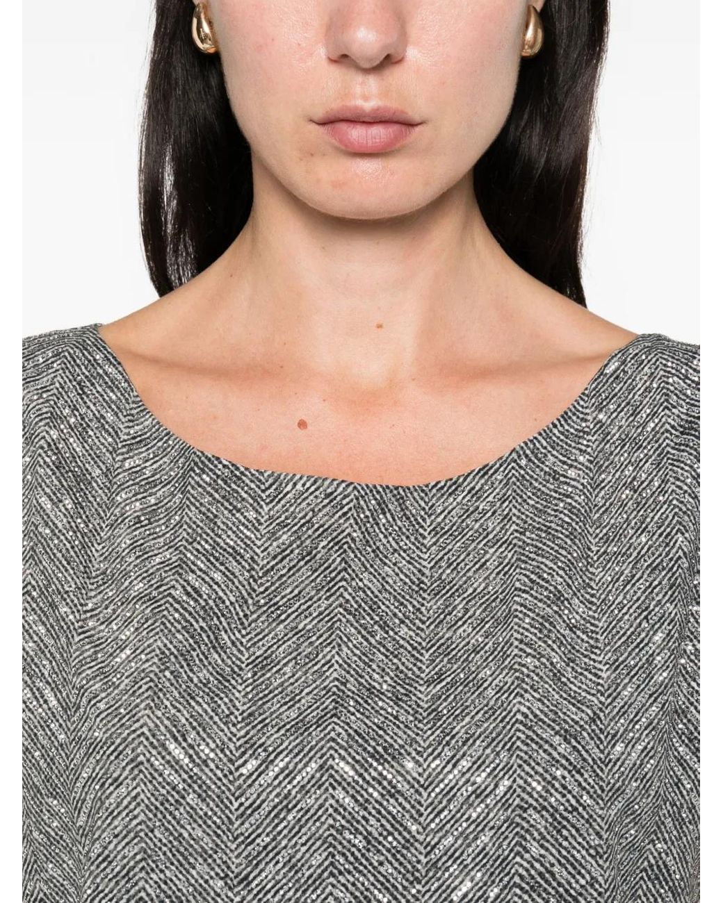 Ermanno Scervino Gray Herringbone-Pattern Sequin-Embellishment Top