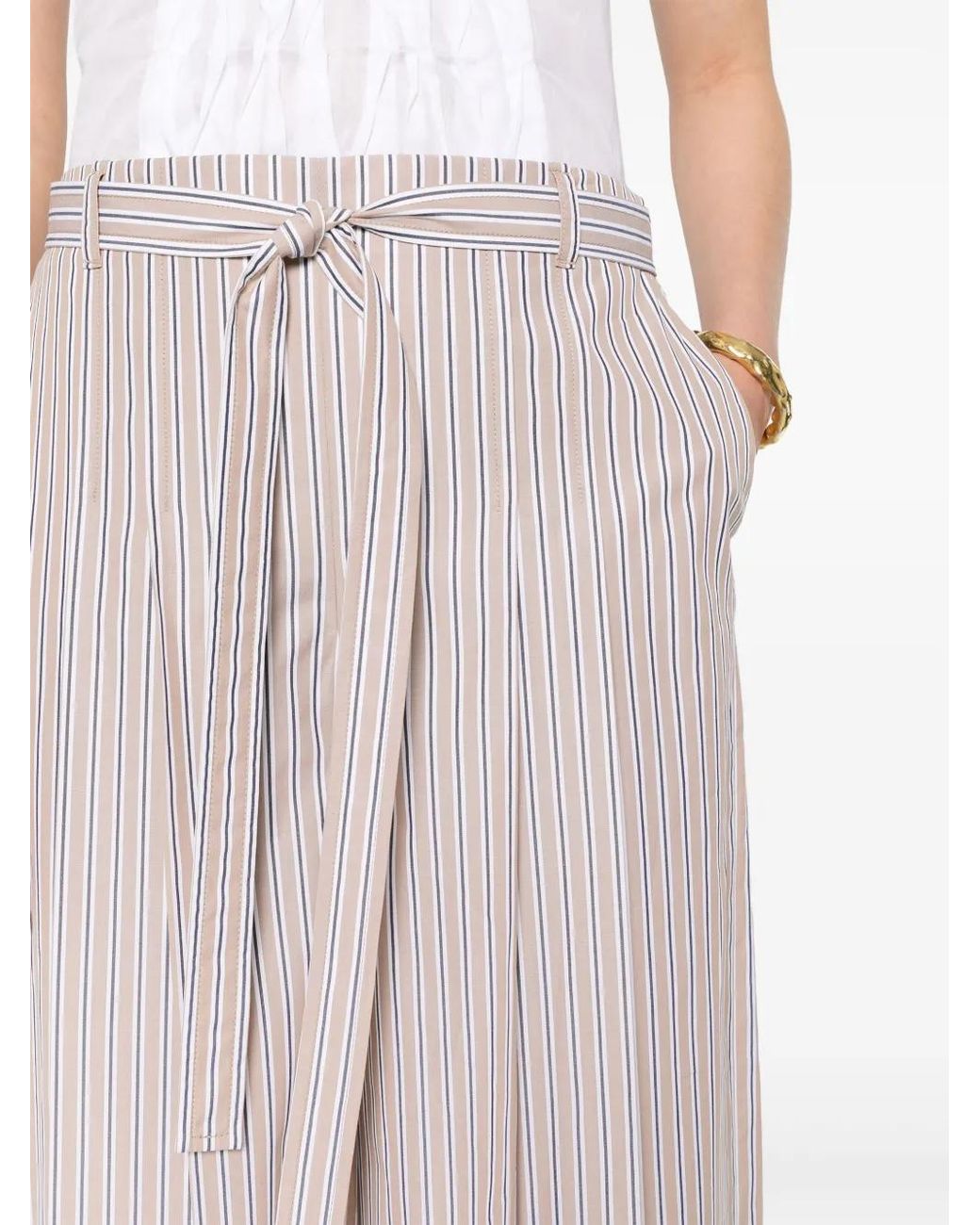 Alberta Ferretti Natural Striped Pleated Wide Trousers