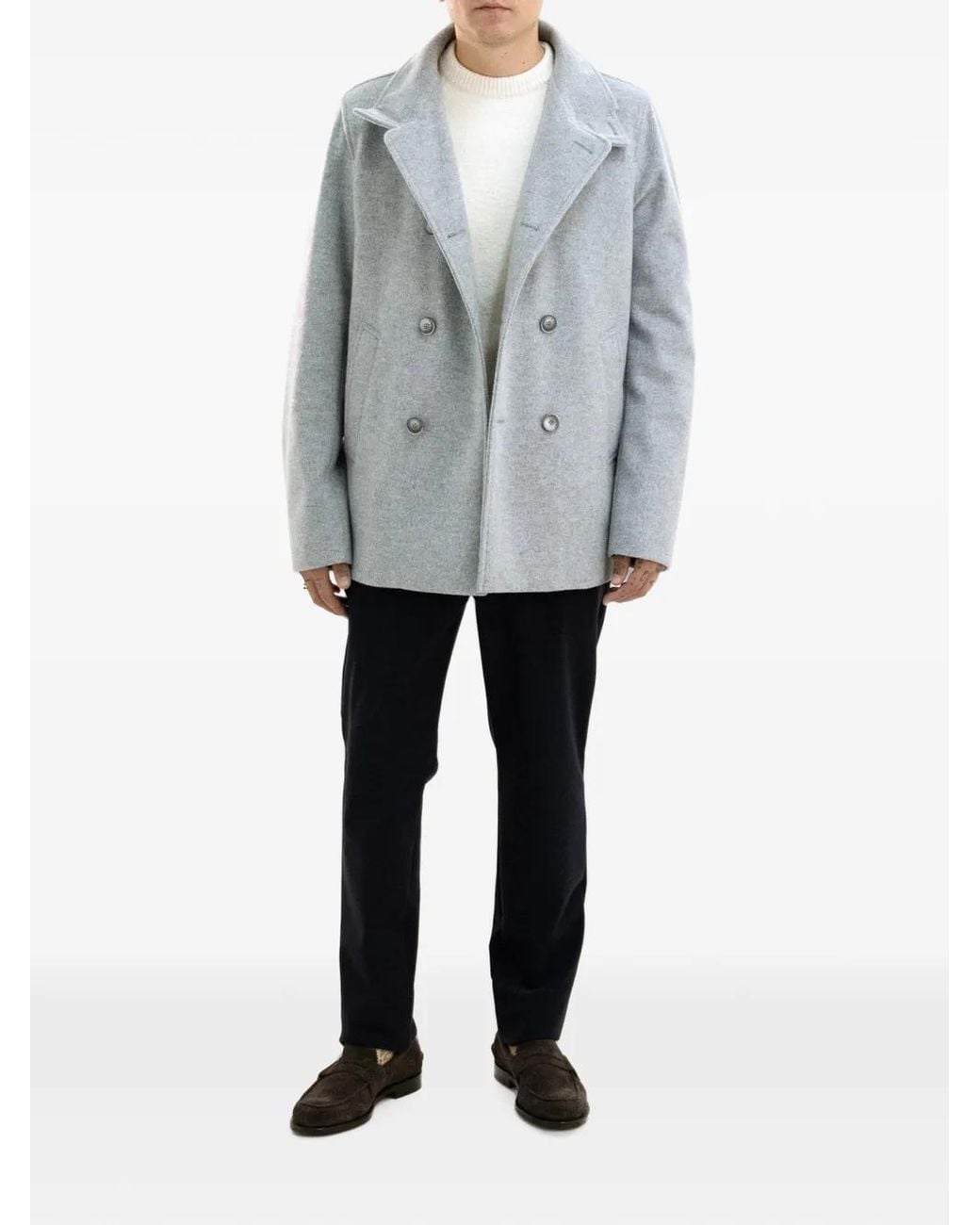 Herno Gray Double-Breasted High-Neck Coat for men