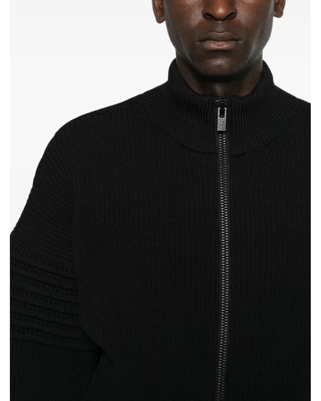 CFCL Black Ribbed-Knit Zip-Up Cardigan for men
