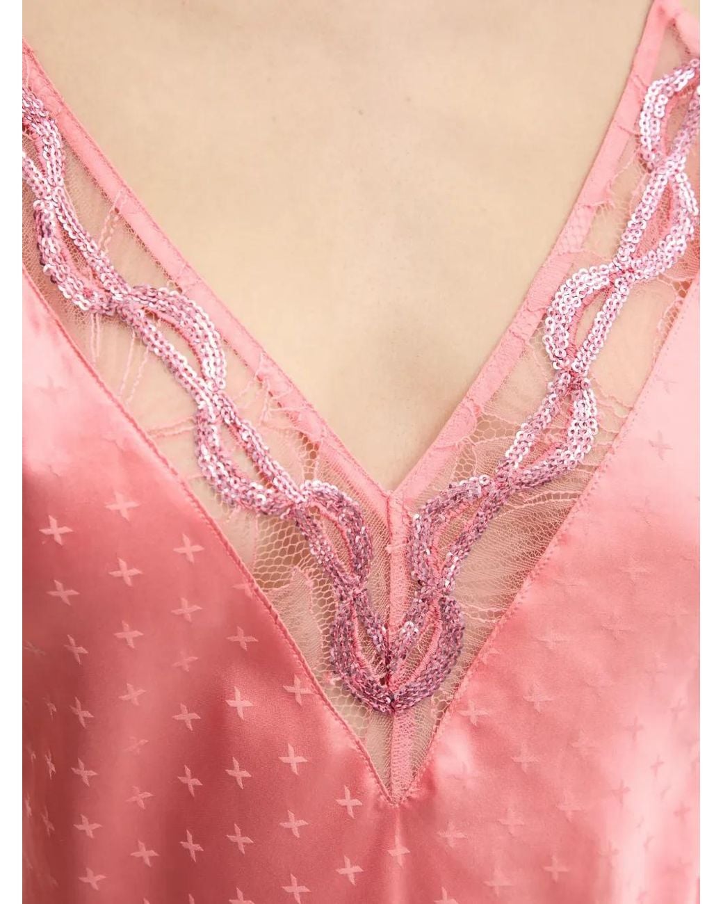 Chantelle Pink Sequin Lace-Trim Pajama Top