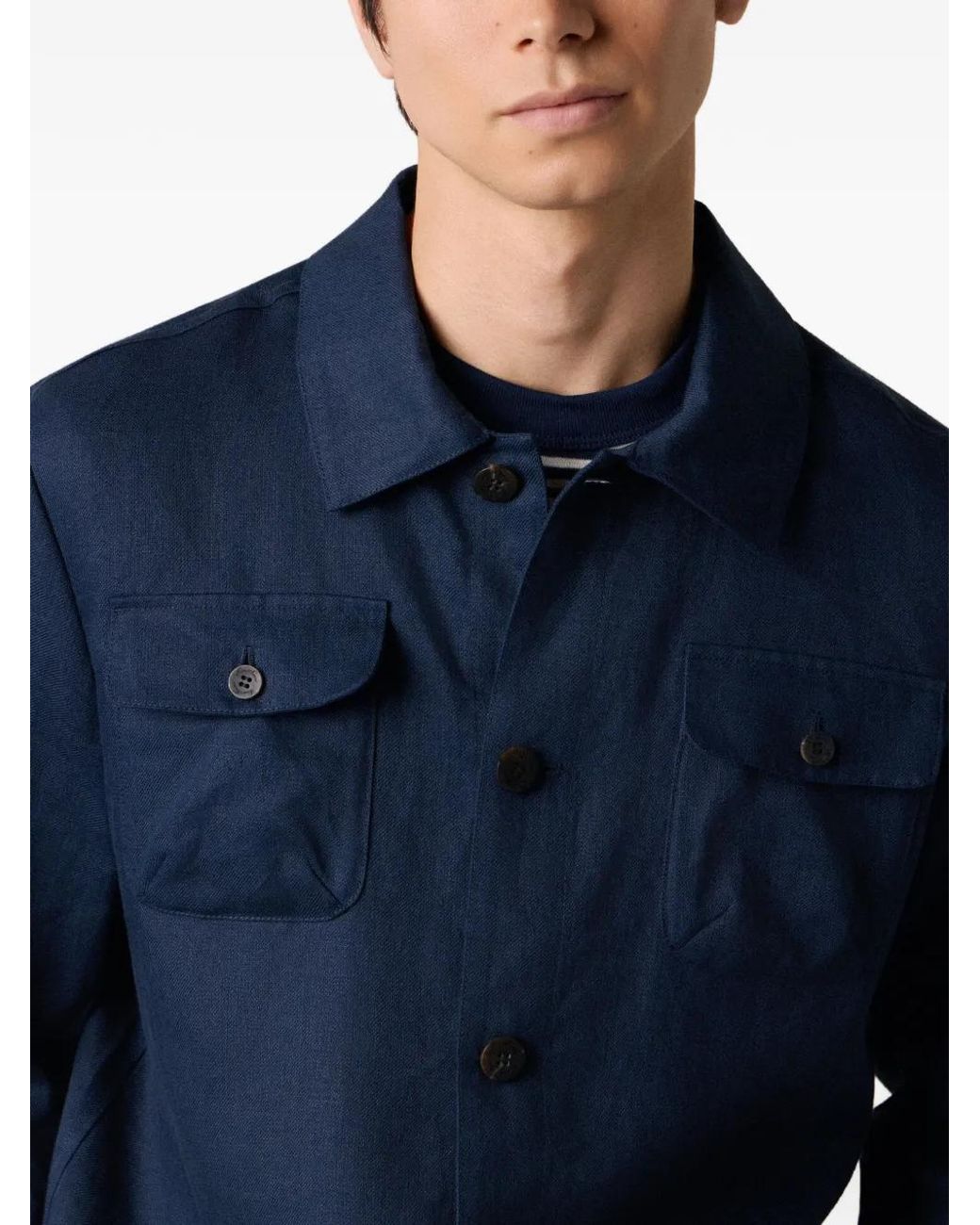 Brooks Brothers Blue Buttoned Linen Overshirt for men