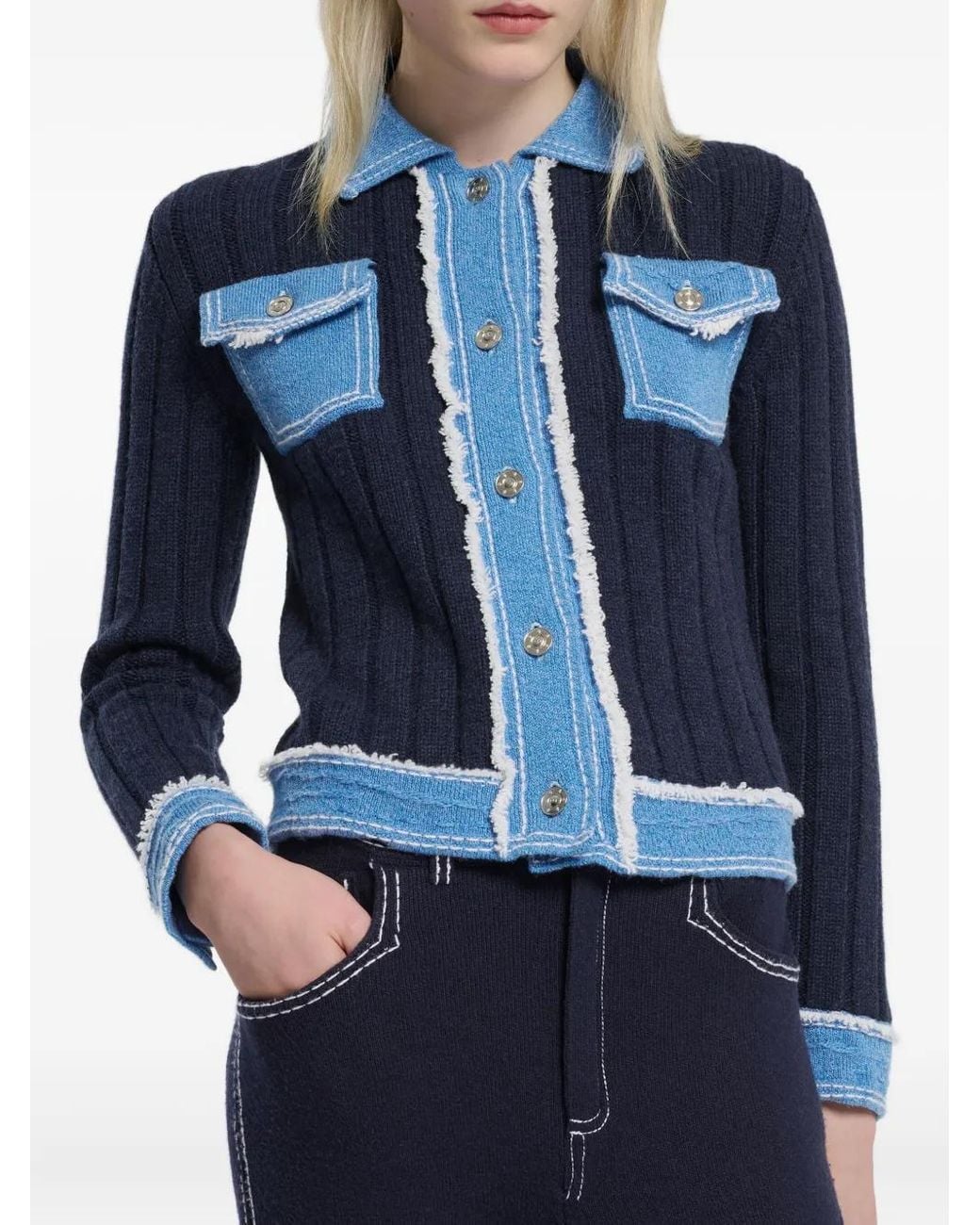 Barrie Blue Ribbed-Knit Denim-Effect Jacket