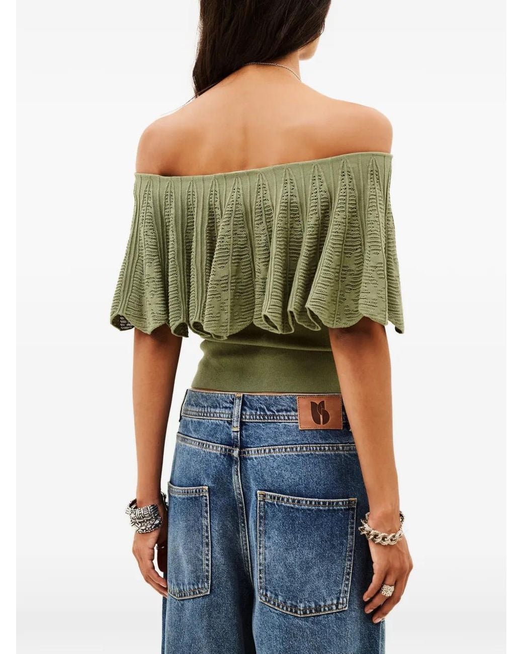 Ba&sh Green Salda Ruffled Off-Shoulder Top