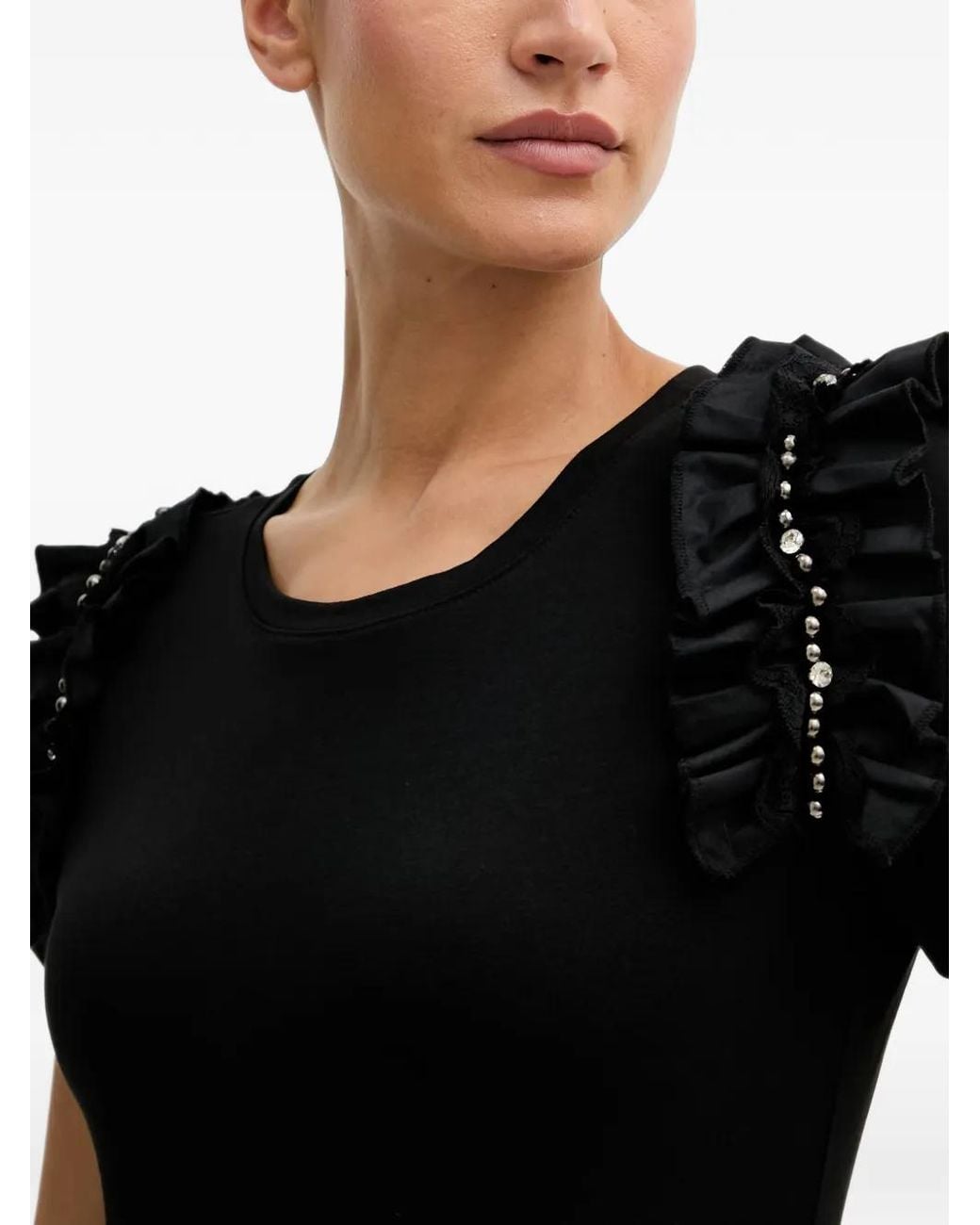 GAUDI Black Ruffled Crystal-Embellished T-Shirt