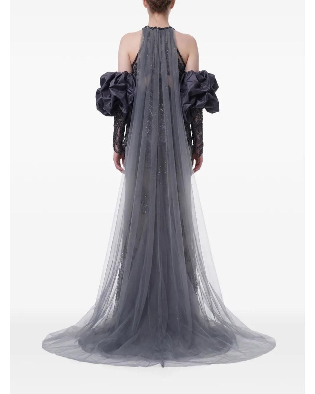Gatti Nolli by Marwan Gray Bead-Embellished Ruffled-Sleeve Gown