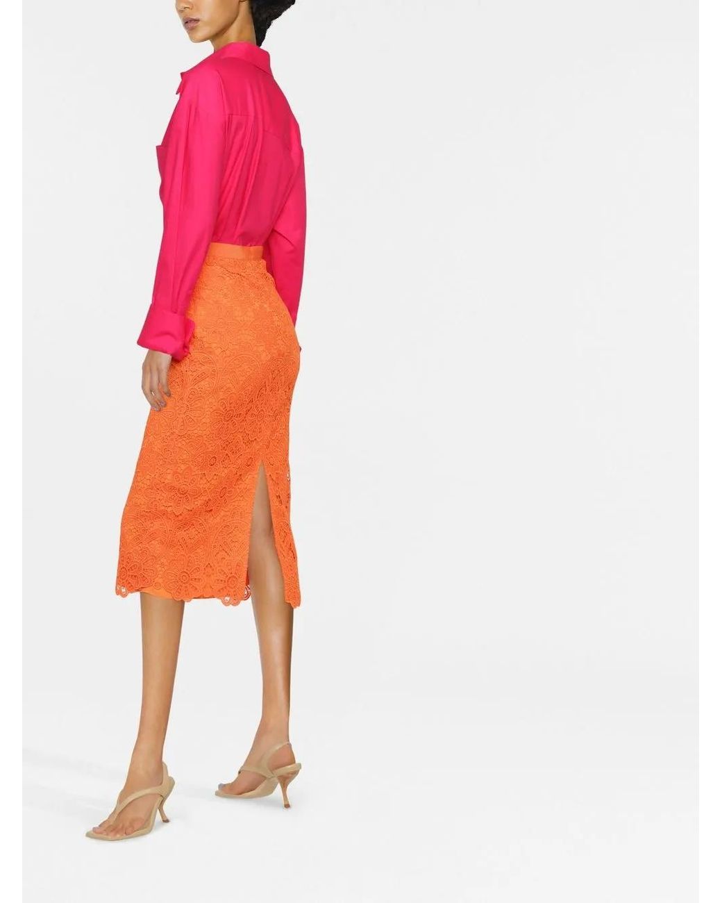 Self-Portrait Orange Lace Pencil Skirt