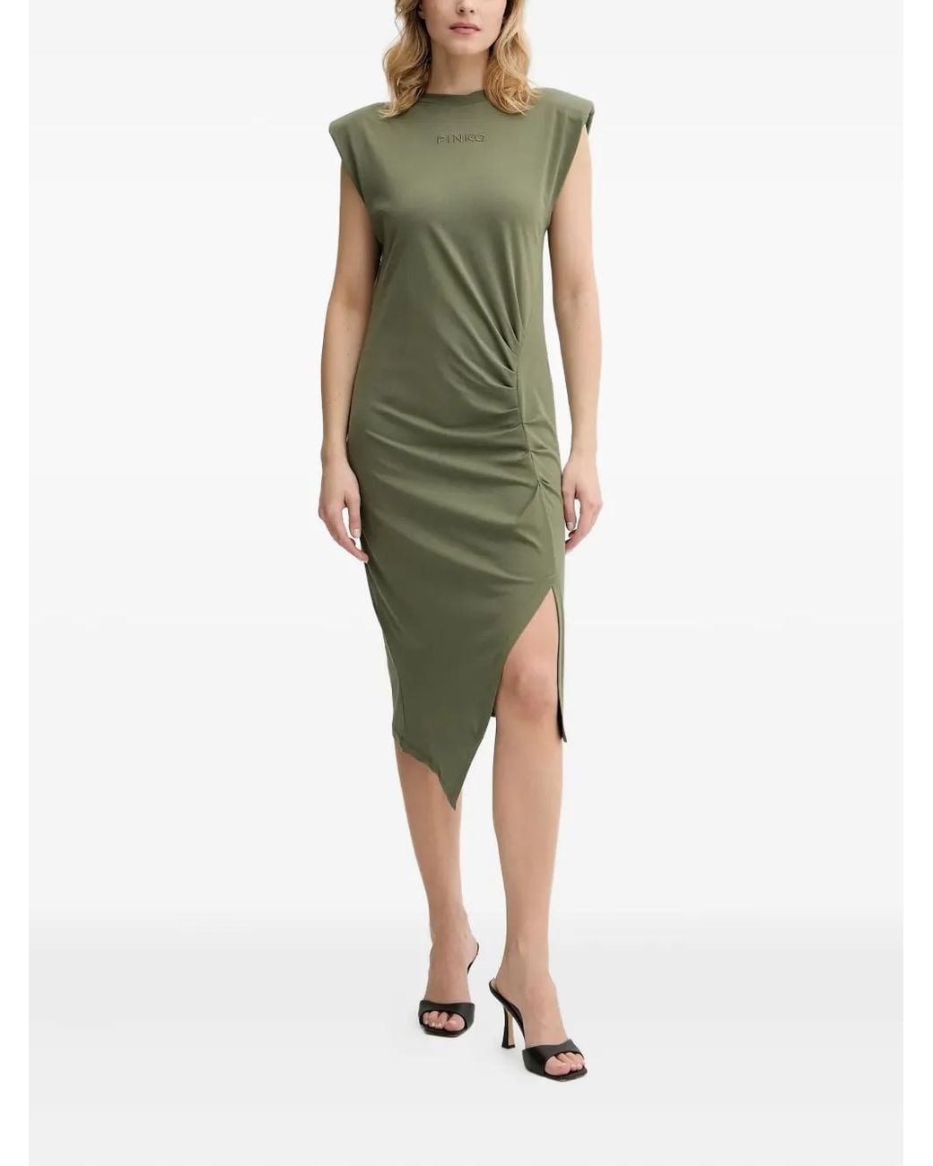 Pinko Green Padded-Shoulder Side-Split Midi Dress