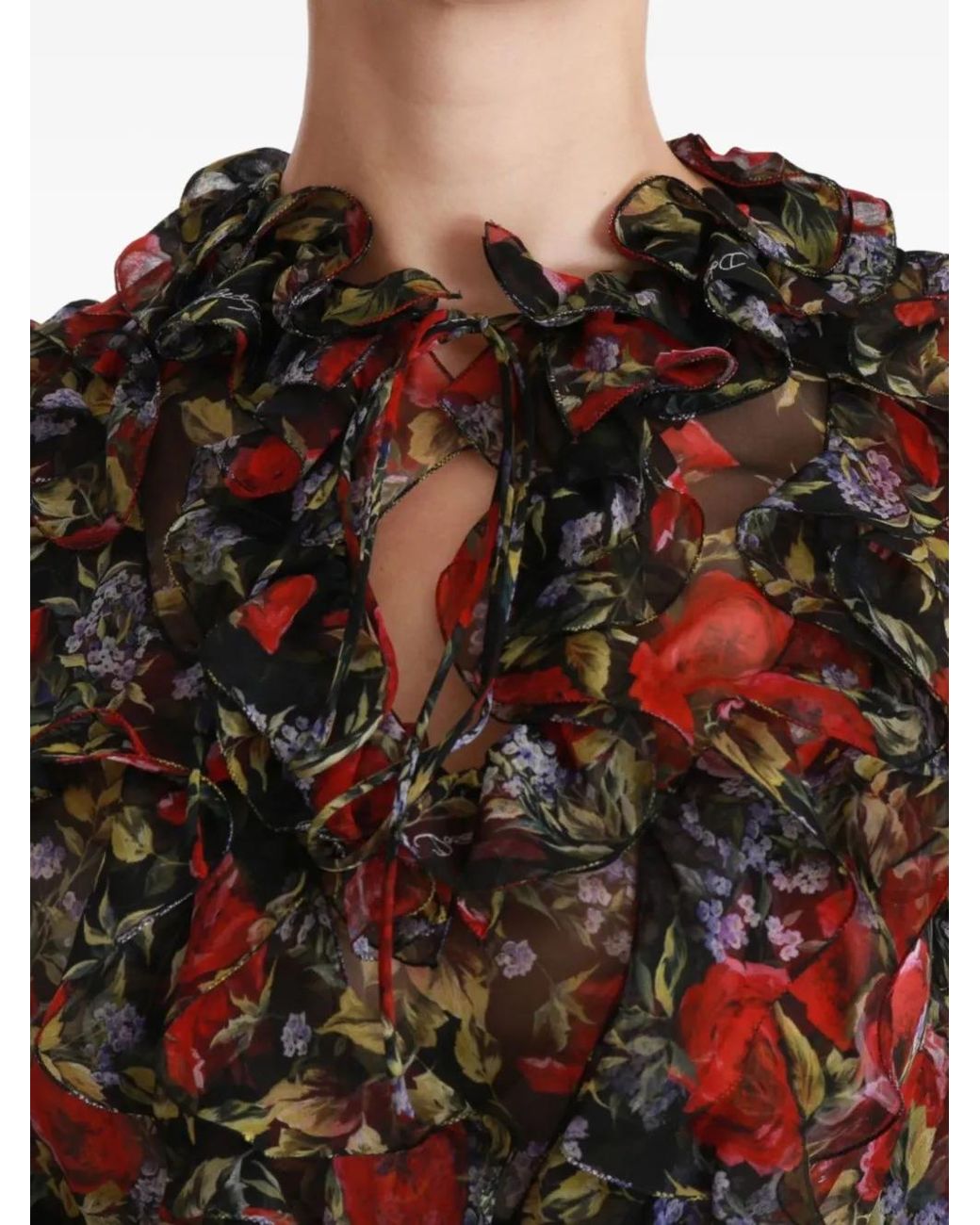 Dolce & Gabbana Black Floral-Print Ruffled Blouse
