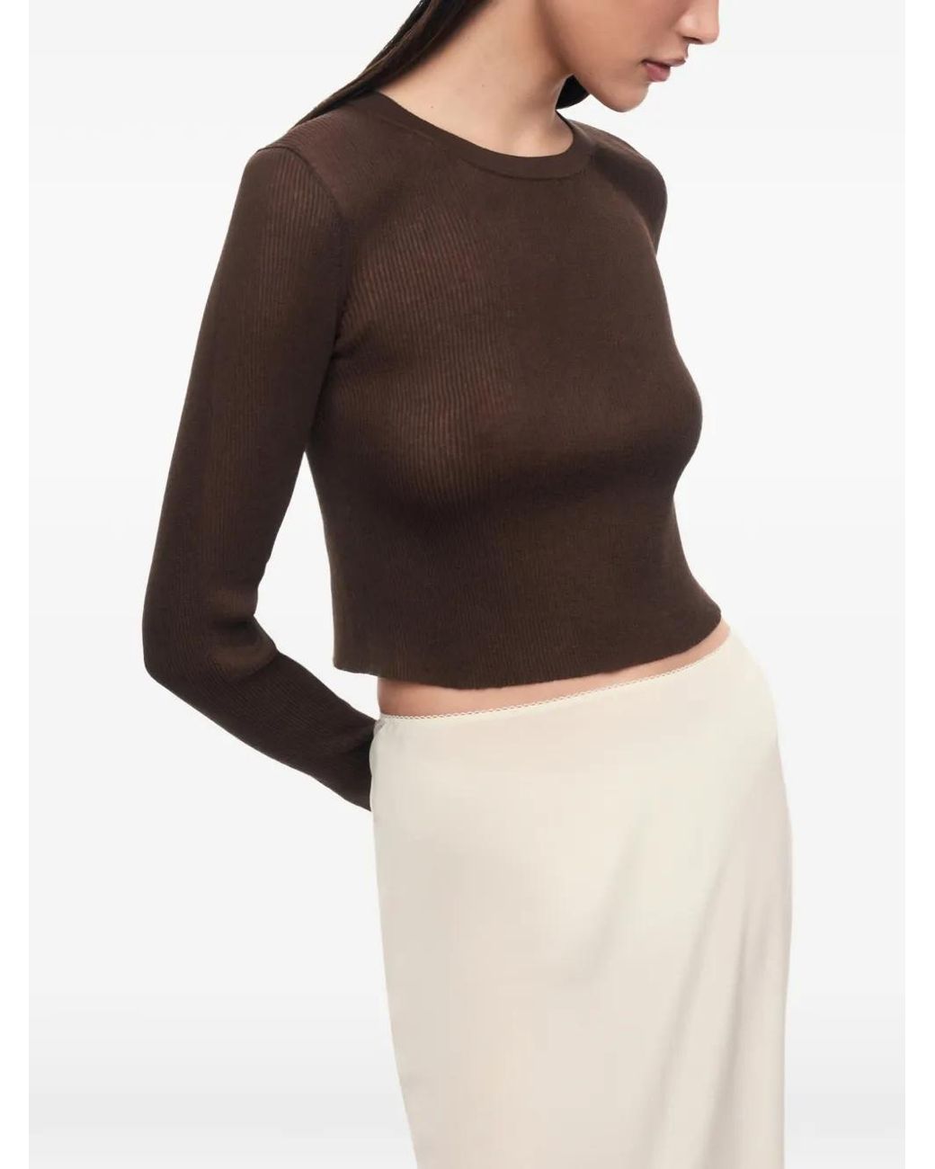 12 STOREEZ Brown Lattice Ribbed-Knit Cropped Sweater
