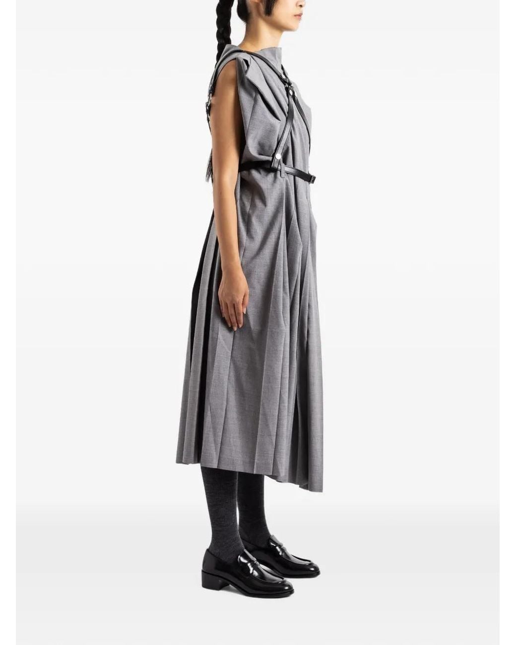Junya Watanabe Gray Leated Asymmetric Harness-Detail Midi Dress